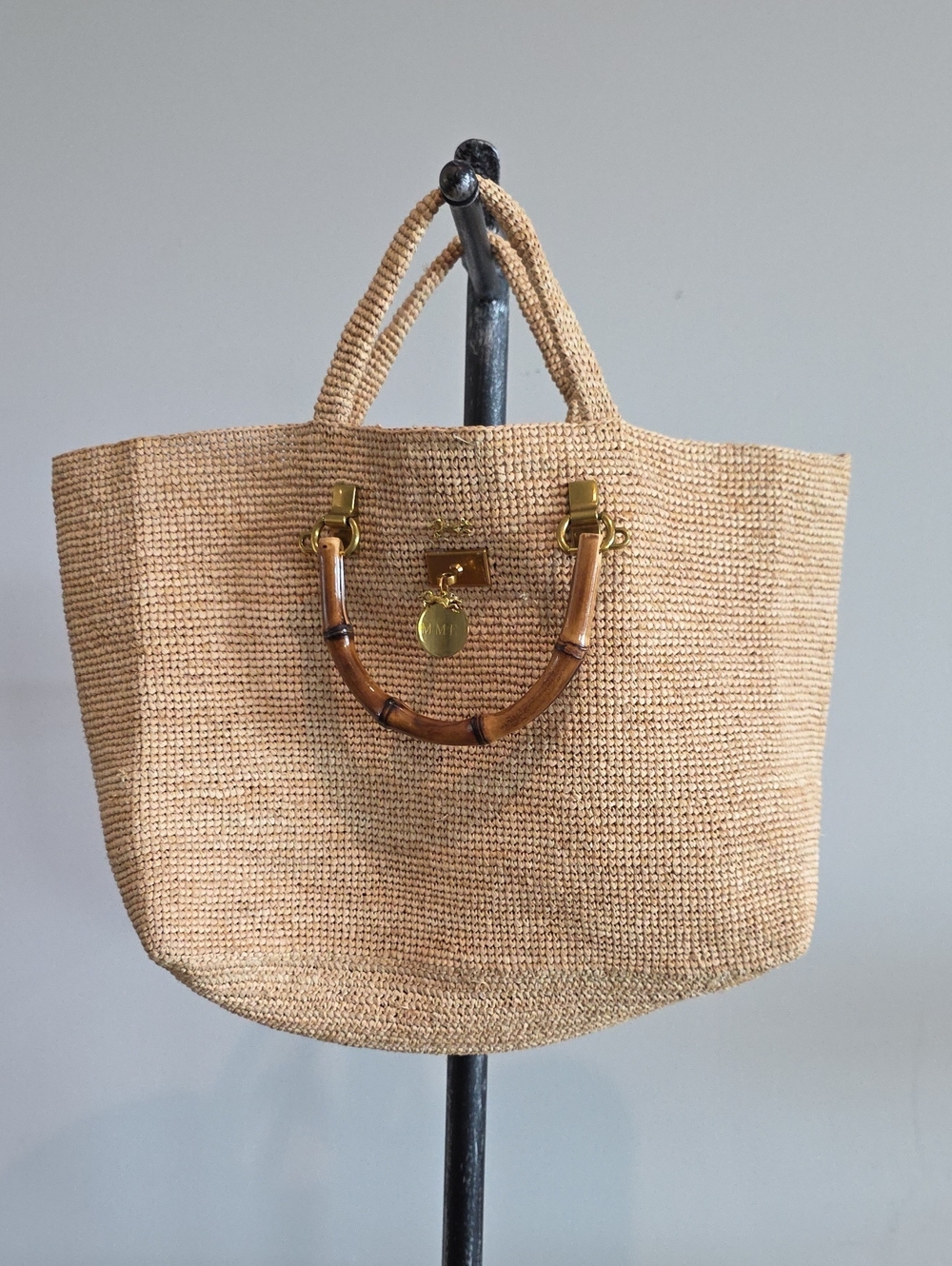 MME.MINK Astrud Woven Straw Tote Bag with Bamboo Handles - Natural